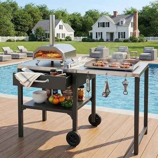 55” Outdoor Grill Table with Storage Cabinet & Folding, Metal | Stainless Steel Top Grill Cart for Kitchen with Wheels & Hooks, Kitchen Island Prep Table/Pizza Oven Table for BBQ Backyard