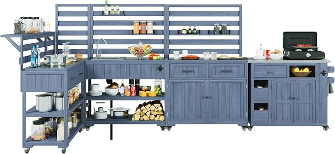 RUNNA 4-Piece Outdoor Rolling Kitchen Island with Sink w/Faucet, Solid Wood Grill Table with Storage Cabinets, Drawers, Stainless Table Top and Movable Shelves for Garden (Gray#38)