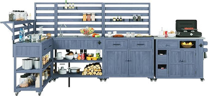 RUNNA 4-Piece Outdoor Rolling Kitchen Island with Sink w/Faucet, Solid Wood Grill Table with Storage Cabinets, Drawers, Stainless Table Top and Movable Shelves for Garden (Gray#38)