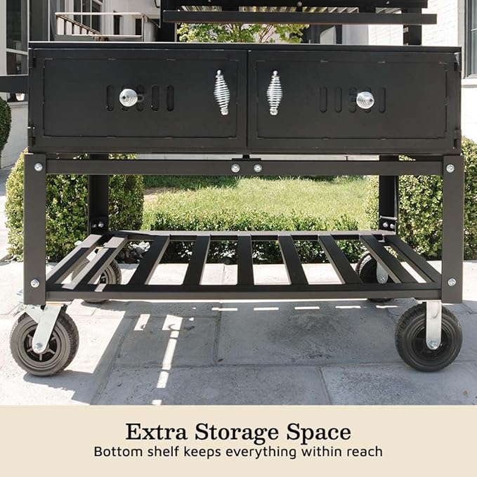 Ash & Ember Santa Maria Grill with Brasero Charcoal Chamber, Wood & Charcoal Argentine Grill with Ceramic Brick Lining, BBQ Grill with Hand Wheel for Adjustable Heat Control, Bottom & Side Shelf