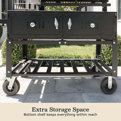 Ash & Ember Santa Maria Grill with Brasero Charcoal Chamber, Wood & Charcoal Argentine Grill with Ceramic Brick Lining, BBQ Grill with Hand Wheel for Adjustable Heat Control, Bottom & Side Shelf