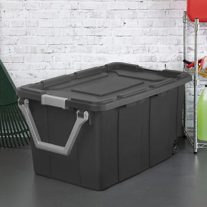 40 Gallon Stackable Wheeled Storage Bin for Garage Basement Camping Gear, Dark Gray, Pack of 2