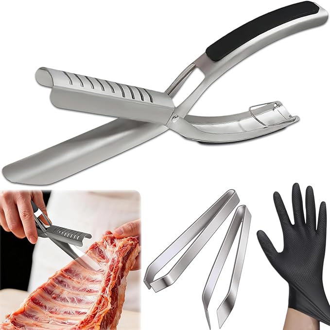 Rib Membrane Removal Tool, Rib Prep Tool, Stainless Steel BBQ Rib Skinner with 2Pcs Tweezers Pliers and Gloves, for Easy Rib Skinner, Kitchen Gadgets for Barbecue Enthusiasts & Chefs