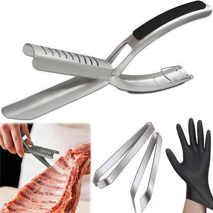 Rib Membrane Removal Tool, Rib Prep Tool, Stainless Steel BBQ Rib Skinner with 2Pcs Tweezers Pliers and Gloves, for Easy Rib Skinner, Kitchen Gadgets for Barbecue Enthusiasts & Chefs