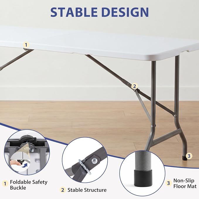 Sweetcrispy 6 FT Folding Picnic Table with 6 White Folding Chairs, Easy to Fold and Store, Foldable Table for Camping Picnic Dining Party Kitchen Outdoor Indoor with Carrying Handle
