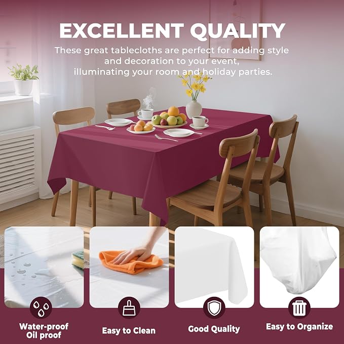 54 Inch X 100 Feet Plastic Table Cover Roll Premium Disposable Plastic Tablecloth for All Type/Shape Tables | Picnic, Party, Banquet, Birthdays, Weddings (Burgundy, 54 Inch X 100 Feet)