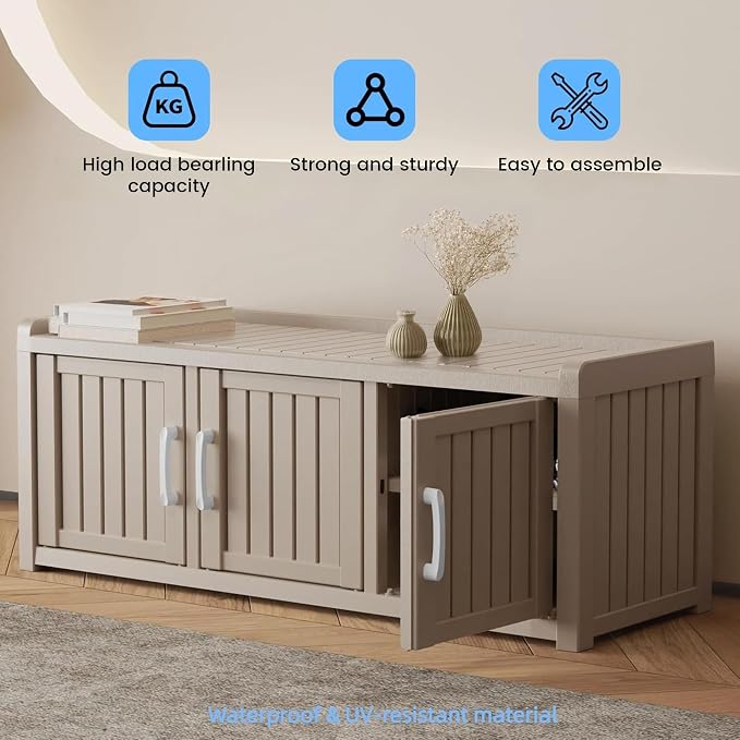 3 Doors Shoe Bench, Waterproof & UV-Resistant, Resin Shoe Cabinet Indoor & Outdoor Use, Entryway Bench with Adjustable Shelves & Hidden Storage Space for Bedroom, Hallway, Grey