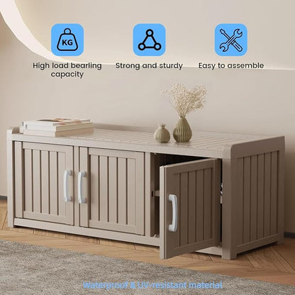 3 Doors Shoe Bench, Waterproof & UV-Resistant, Resin Shoe Cabinet Indoor & Outdoor Use, Entryway Bench with Adjustable Shelves & Hidden Storage Space for Bedroom, Hallway, Grey