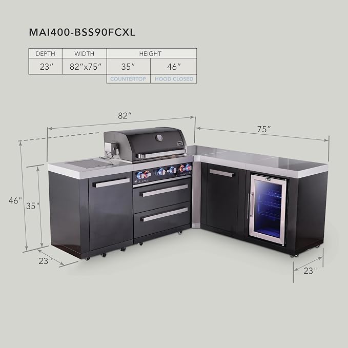 Mont Alpi 82"W x 75"D x 46"H Black Stainless Steel L-shaped Modular Outdoor Kitchen Island with Refrigerator + 32"W 4-Burner BBQ Gas Grill + Granite Countertops + Storage Cabinets + Rotisserie + Cover