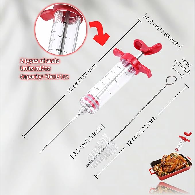 Meat Injector Syringe with Cleaning Brush,30ml/1oz Capacity Turkey Injector with 3"Needle,1 oz Brining Kit for Effortless Marinating-Perfect for BBQ,Chicken,Thanksgiving Turkey,Steak&Grill