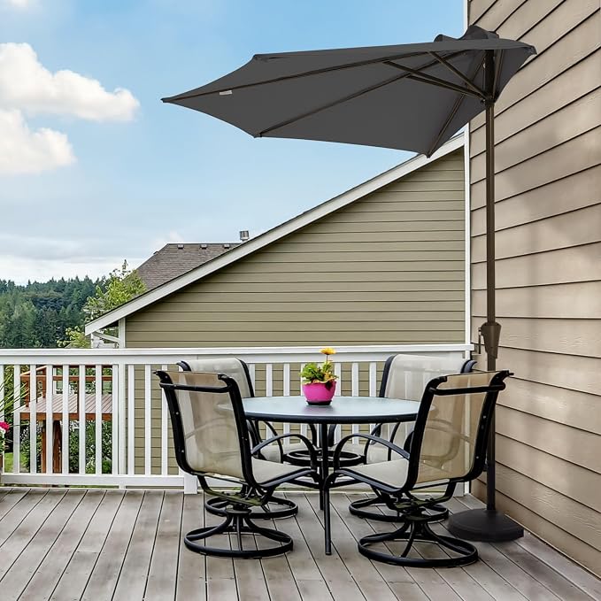 JEAREY 9ft Half Umbrella Outdoor Patio Umbrella Market Umbrellas with Crank, 1/2 Round Wall Umbrella 5 Sturdy Ribs UV Protection for Pool Garden Balcony Deck, Gray