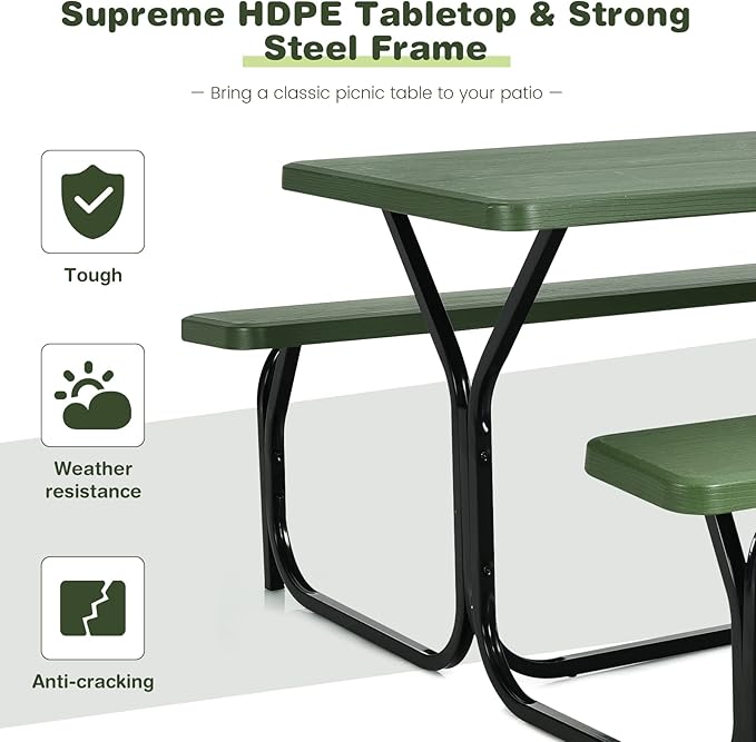 COSTWAY Outdoor Picnic Table, HDPE Plastic Picnic Table Bench Set | Weather Resistant Tabletop & Wood Texture, Ideal for Patio, Backyard (59" D x 54" W x 28.5" H,Green)