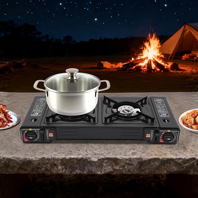 2-Burner Butane Camping Stove, Portable Camping Stove with Adjustable Burners & Carrying Case, Piezoelectric Ignition Camping Burner, Dual Fuel Stove with LPG & Butane Compatibility