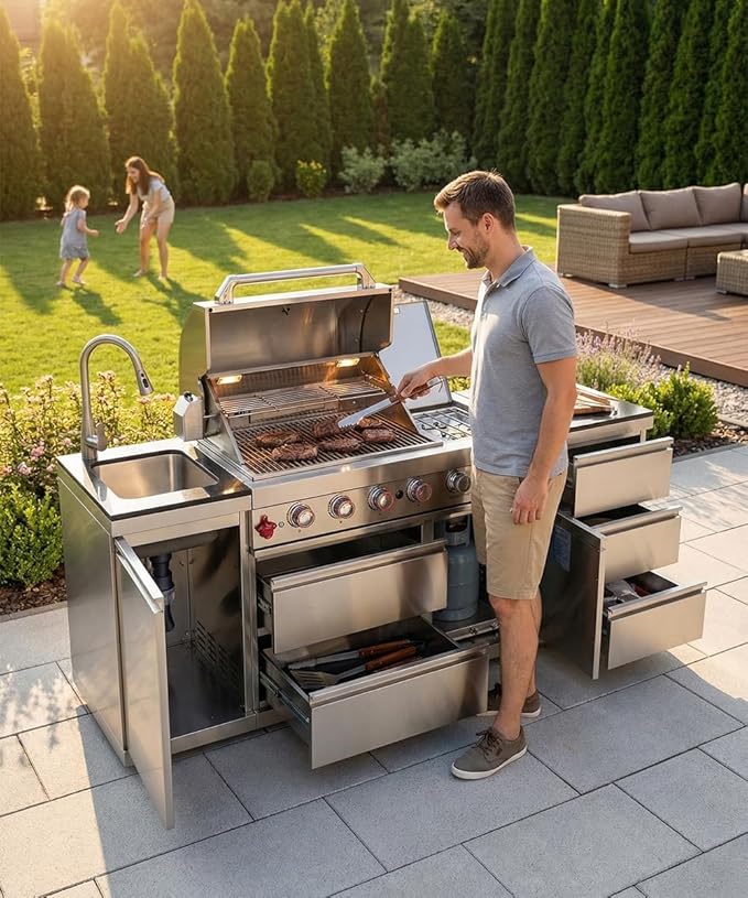 BBQ Outdoor Kitchen Island Grill Barbecue Modular Patio Kitchens Kits with Electric Rotisserie, Sink, fridge, and Burner for More than 10 People