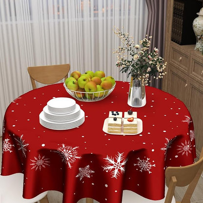 Sweetshow Xmas Snowflake Table Cloth Round 70 Inch Polyester Table Cover | Red Xmas Table Cloth Round Winter Snowflake Tablecloth Washable Stain and Wrinkle Xmas Round Table Cover for Dining Picnic