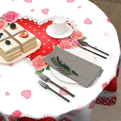 Sweetshow Valentines Day Table Cloth Round Red Hearts Pink Rose Flower Tablecloth 70 Inch with Check Plaid Decor Washable Stain and Wrinkle Love Romantic Round Table Cover for Dining Picnic