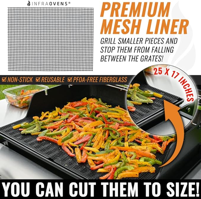 INFRAOVENS Set of 3 BBQ Grill Mats, Reusable Grilling Accessories for Outdoor Grill, Gas, Charcoal, Electric, XL Non-Stick - PFOA Free, Easy to Clean, Covers Entire Grill or Cut to Size, 25 x 17 Inch