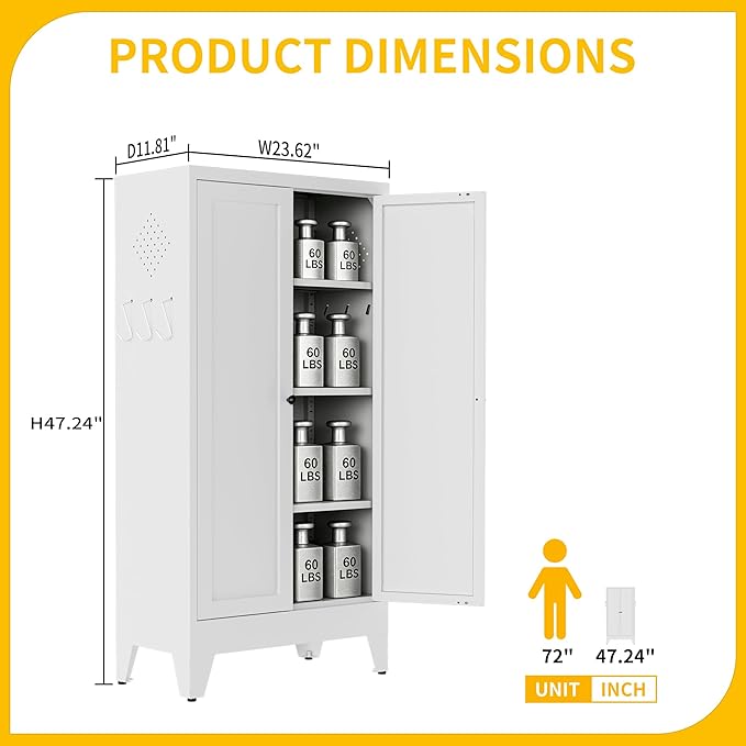 Metal Pantry Cabinet, Kitchen Pantry Storage Cabinets with 2 Doors and 3 Adjustable Shelves, White Kitchen Pantry Cabinet for Dining Room, Living Room, Assemble Required (White)