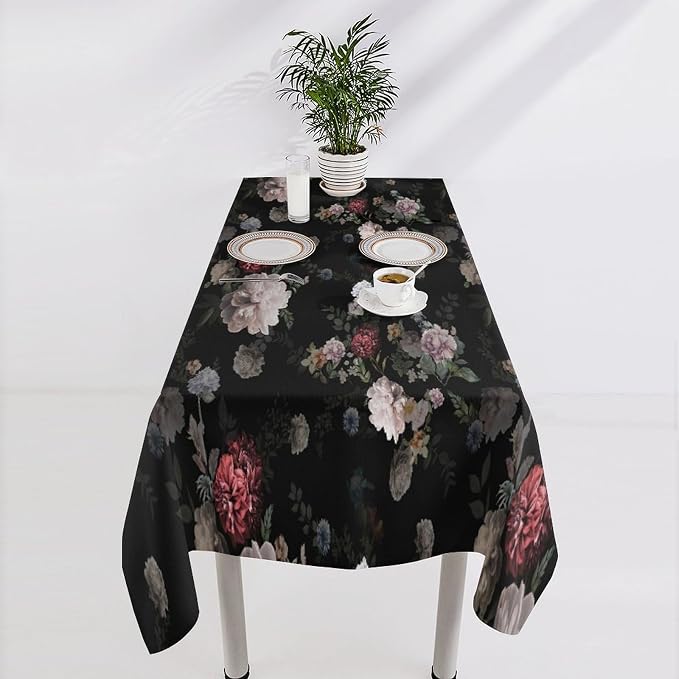 Vintage Florals Tablecloth, Black Pink Garden Gothic Flowers Rustic Roses Boho Botanical Plant Water Resistant Wipeable Table Cover for Picnic Party Holiday Kitchen Dinner Table 60"x110"