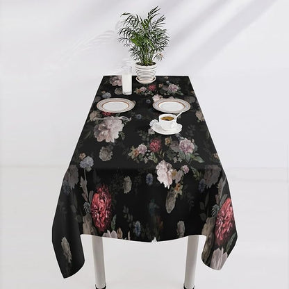 Vintage Florals Tablecloth, Black Pink Garden Gothic Flowers Rustic Roses Boho Botanical Plant Water Resistant Wipeable Table Cover for Picnic Party Holiday Kitchen Dinner Table 60"x110"