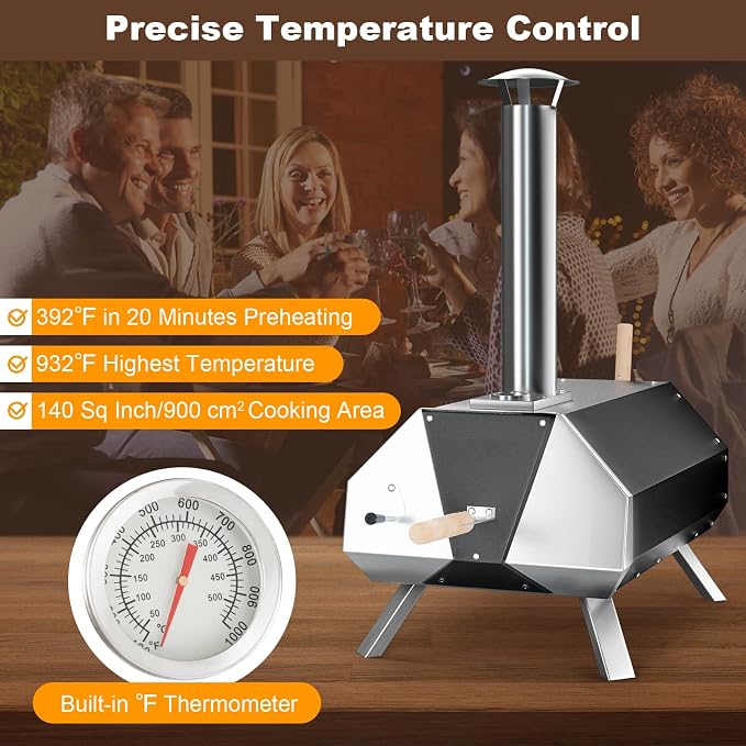 PETSITE Pizza Oven Outdoor, Wood Pellet Fired Pizza Oven with 12 Inches Pizza Stone & Thermometer, Portable Stainless Steel Grill Pizza Maker for Outside Backyard Party