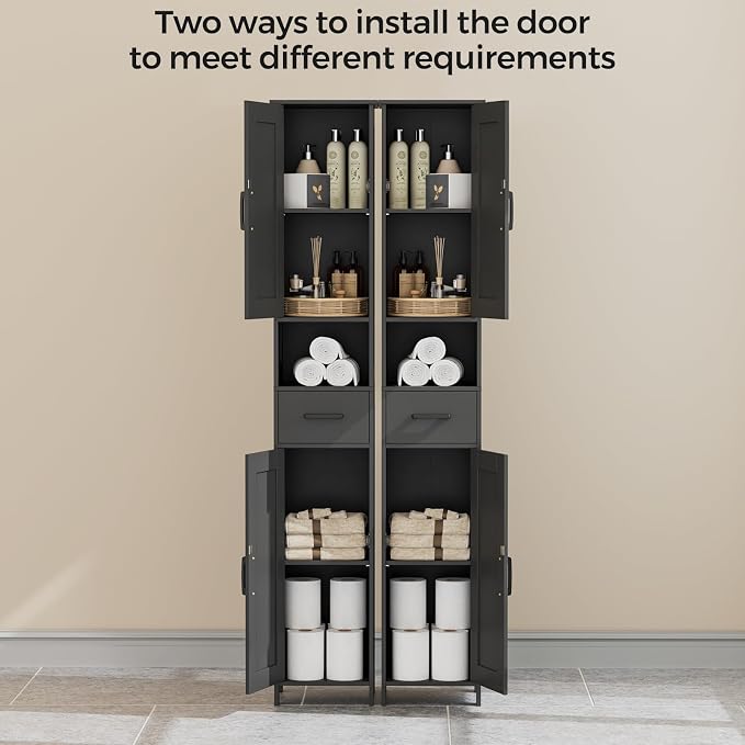 Homhedy 67" H Tall Bathroom Storage Cabinet with Barn Doors and Drawer | Narrow Storage Unit with Adjustable Shelves, Floor Cabinet for Bathroom, Living Room, Entryway or Kitchen, Black, 11.8" W