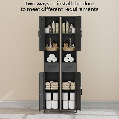 Homhedy 67" H Tall Bathroom Storage Cabinet with Barn Doors and Drawer | Narrow Storage Unit with Adjustable Shelves, Floor Cabinet for Bathroom, Living Room, Entryway or Kitchen, Black, 11.8" W