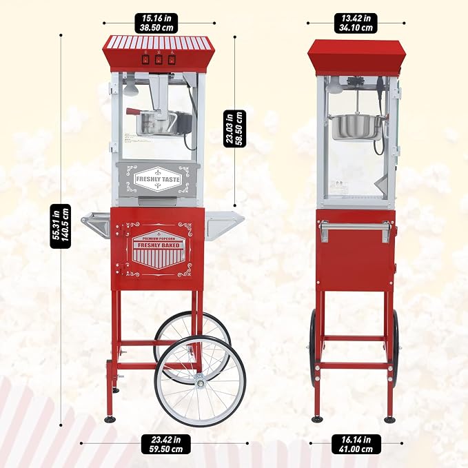 12 Oz Nostalgia Professional Popcorn Cart Makes Up to 64 Cups, Popper Maker with Warming Deck and Old Maids Drawer, Movie Night Supplies for Home & Parties, Red