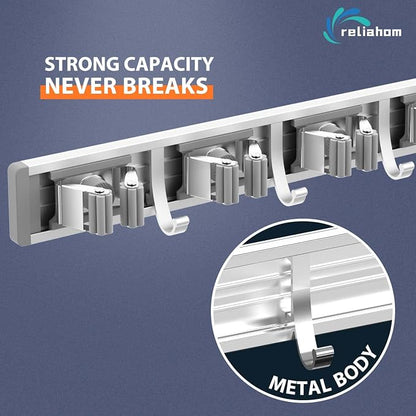 reliahom Broom Holder Wall Mount Mop Hanger Tools organizer 5Racks4Hooks,2P | Adjustable Mop Broom Wall Hanging Heavy Duty Tools Storage Rack Space-saving for Garage,Kitchen,Laundry Room,Garden, Silver