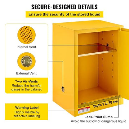 VEVOR Flammable Cabinet, 18" x 18" x 35", Yellow | Galvanized Steel, Safety Cabinet, Adjustable Shelf, Commercial, Industrial, Home Use