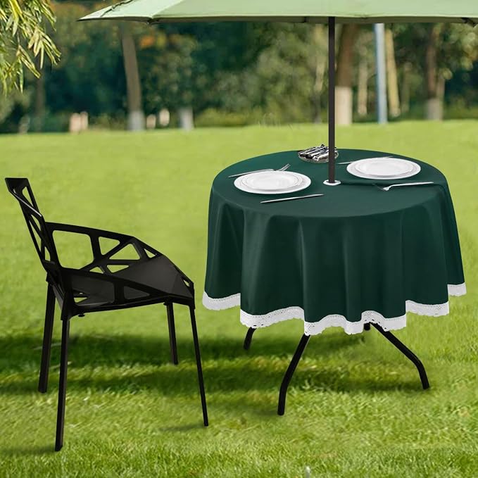 YETTASBIN Hunter Green Outdoor Tablecloth 60 Inch Waterproof Stain Wrinkle Resistant Washable Round Table Cover with Umbrella Hole and Zipper for Patio BBQ Backyard Holiday Party Decor