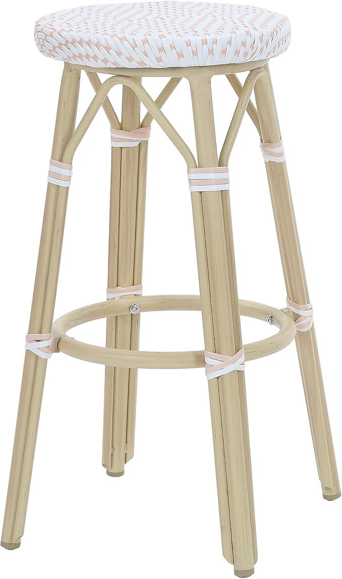 Seadrift Boho 30-inch Aluminum and All-Weather Wicker Barstools with Footrest, Patio Stools & Bar Chairs for Outdoor, Kitchen Counter, Poolside, Yard, Set of 2, White and Pink
