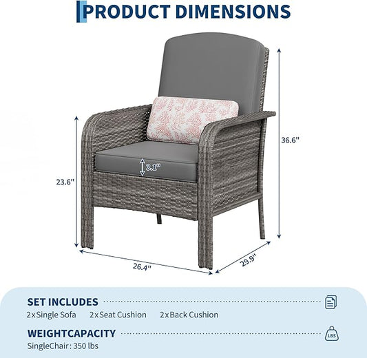 GarveeHome Outdoor Wicker Chairs Set of 2, All-Weather High Back Rattan Patio Furniture, 2-Piece Conversation Set with Comfy Cushions for Porch, Deck, Gray, Blue Cushion