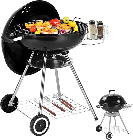 28" Portable Charcoal Grill with Wheels, Thermometer and Storage Holder, Round Barbecue Grills Steel BBQ Grill for Garden Party Picnic Hiking Travel Backyard Cooking, Asadores de Carbon (Black)