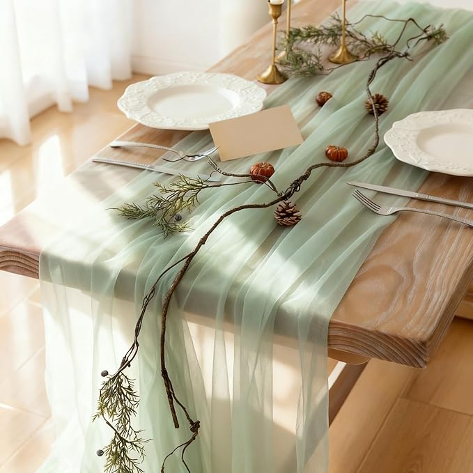 Sage Green Glitter Chiffon Table Runner 35x120 Inches 6 Pack for Outdoor BBQ Thanksgiving Party Table Decor