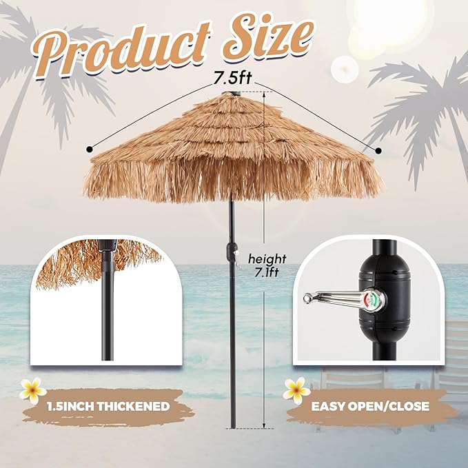 CroBlissful 7.5 ft Solar Tiki Umbrella with 32 LED Lights, Hula Thatched Patio Umbrella, UPF 50+, Hawaiian Style Beach Parasol for Garden, Beach, Pool, and Backyard
