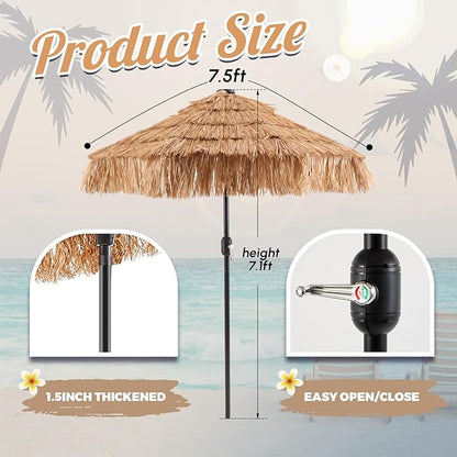 CroBlissful 7.5 ft Solar Tiki Umbrella with 32 LED Lights, Hula Thatched Patio Umbrella, UPF 50+, Hawaiian Style Beach Parasol for Garden, Beach, Pool, and Backyard