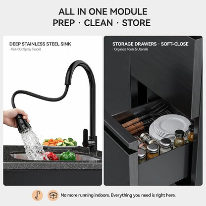 SERA C 4-Burner Propane Outdoor Kitchen Compact Patio Black | Black 304 stainless steel, 75,300 BTU + side burner, pull-out sink with drawers, soft-close, locking caster, balcony backyard