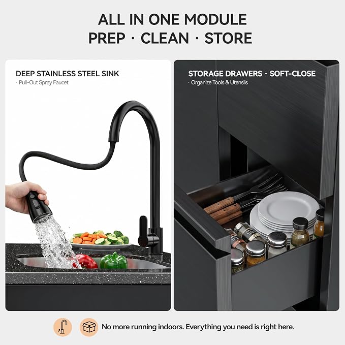SERA C 4-Burner Natural Gas Outdoor Kitchen with Sink Black | Black 304 stainless steel, 75300 BTU + side burner, pull-out sink, soft-close, locking caster, compact patio balcony backyard