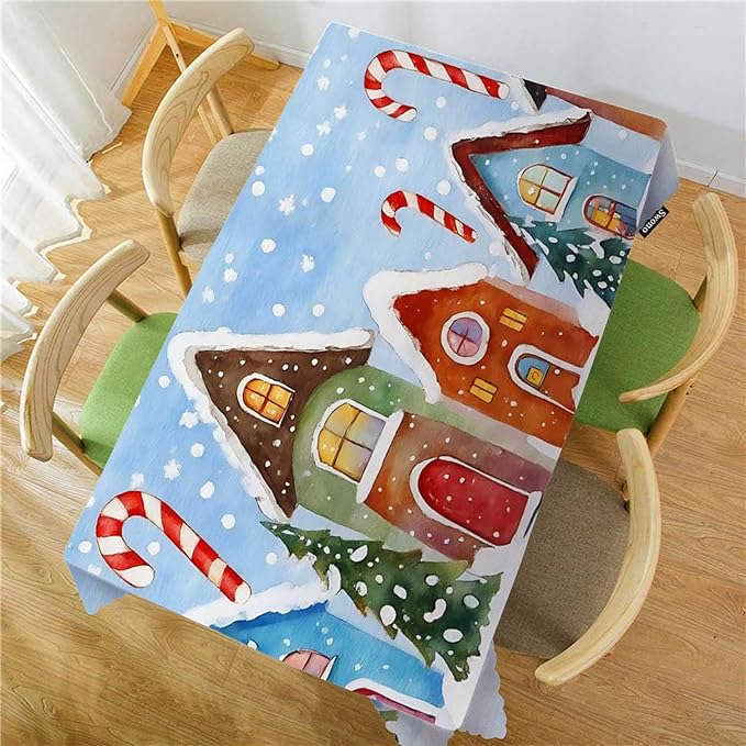Swono Christmas House Table Cloth Winter Village Snow Xmas Candy Cane Colorful Rectangle Tablecloth Picnic Tablecloth BBQ Table Cloths Polyester for Kitchen 50x72 Inch