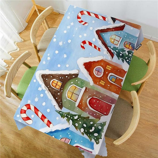 Swono Christmas House Table Cloth Winter Village Snow Xmas Candy Cane Colorful Rectangle Tablecloth Picnic Tablecloth BBQ Table Cloths Polyester for Kitchen 50x72 Inch