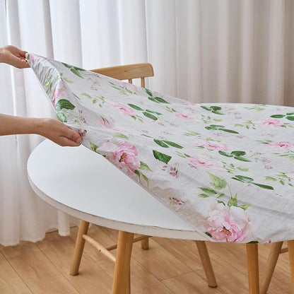 LIBERECOO Round Fitted Tablecloth with Elastic, Flannel Backed Vinyl Tablecloths for 45" - 56" Tables, Waterproof Wipeable Reusable Plastic Table Cloth for Indoor & Outdoor, Enchanted Rose Garden