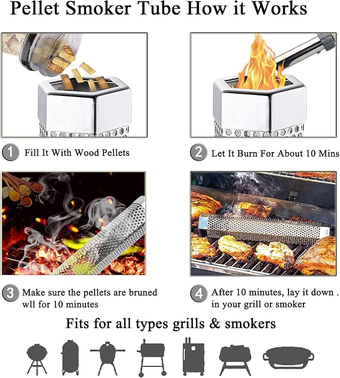 Smoke Tube for Pellet Smoker 12" - 5 Hours of Billowing Smoke - Hot/Cold Smoking - for Any Grill & Smoker - Premium Stainless Steel BBQ Smoking Tube, Includes Bonus Cleaning, Basting Brush & S-Hook