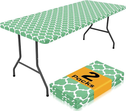 Smiry 2 Pack Rectangle Table Cloth 6 Foot, Waterproof Elastic Fitted Tablecloths, Windproof Washable Polyester Table Cover for Picnic, Camping, Outdoor (Sage Green, 30"x72")