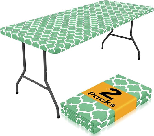 Smiry 2 Pack Rectangle Table Cloth 4 Foot, Waterproof Elastic Fitted Tablecloths, Windproof Washable Polyester Table Cover for Picnic, Camping, Outdoor (Sage Green, 30"x48")
