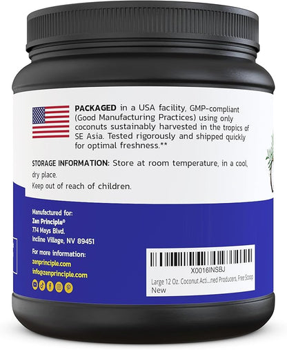 Zen Principle Coconut Activated Charcoal Powder. Whitens Teeth, Rejuvenates Skin and Hair, Supports Better Digestion. USA-Owned Producers, Free Scoop, 12 Oz