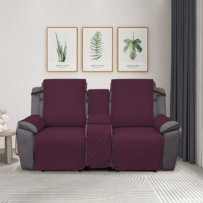 PureFit Water Resistant Reversible Loveseat Recliner Cover for Double | Double with Console, Non Slip Split Sofa Cover, Washable Reclining Cover, Wine/Beige