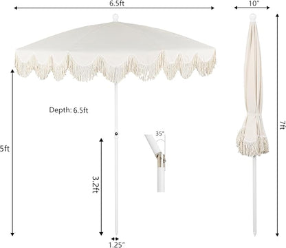 JONATHAN Y Mariner 6.5 ft. Solid Fringe Beach Umbrella, Cream | Push-Button Tilt, UV 50 Protection, Matching Carry Bag, White Iron Pole, Wind Vent, Scalloped Round Canopy