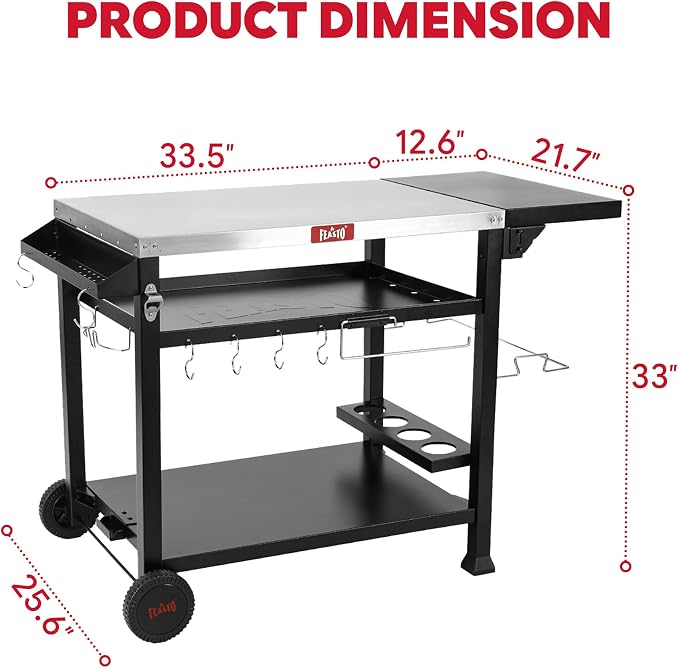 Feasto 40x26 Outdoor Grill Cart, Stainless Steel Tabletop, 3-Shelf Rolling | Pizza Oven Table, Pizza Oven Stand, BBQ Grill with Wheels for Food Prep, Outdoor & Indoor, Dining, Kitchen Cart Table