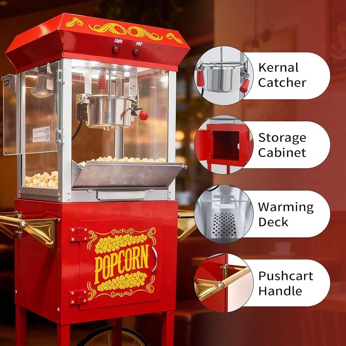 8 Oz Popcorn Machine with Cart, Nostalgia Professional Cart Makes Up to 32 Cups with Warming Deck and Old Maids Drawer, Movie Night Supplies for Home, Red